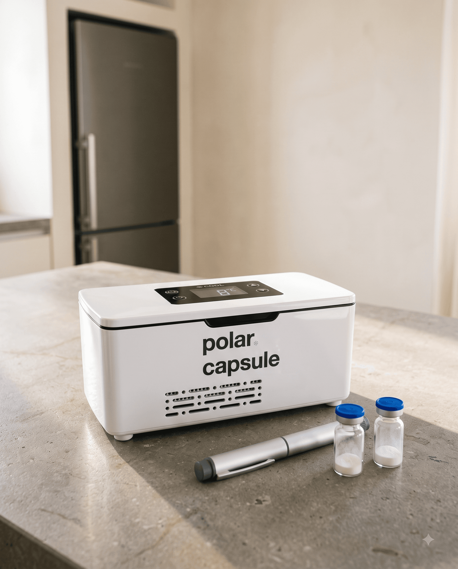 Polar Capsule portable cooler on a kitchen countertop with insulin pen and vials