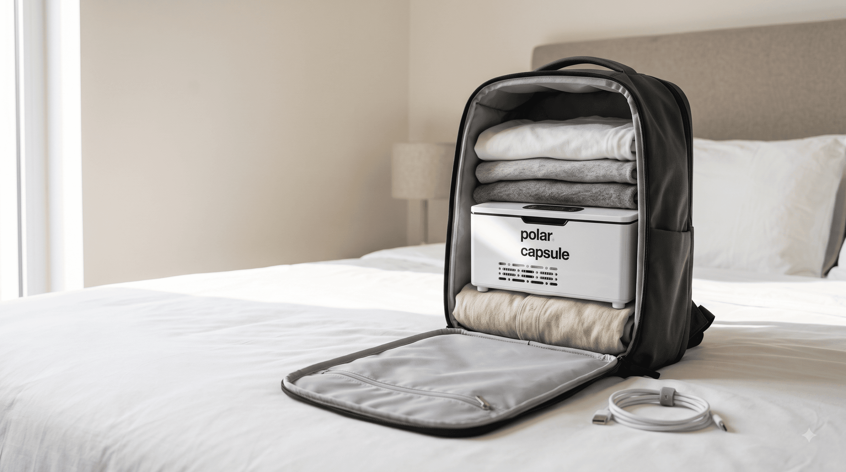 Polar Capsule portable cooler packed inside a travel backpack on a bed