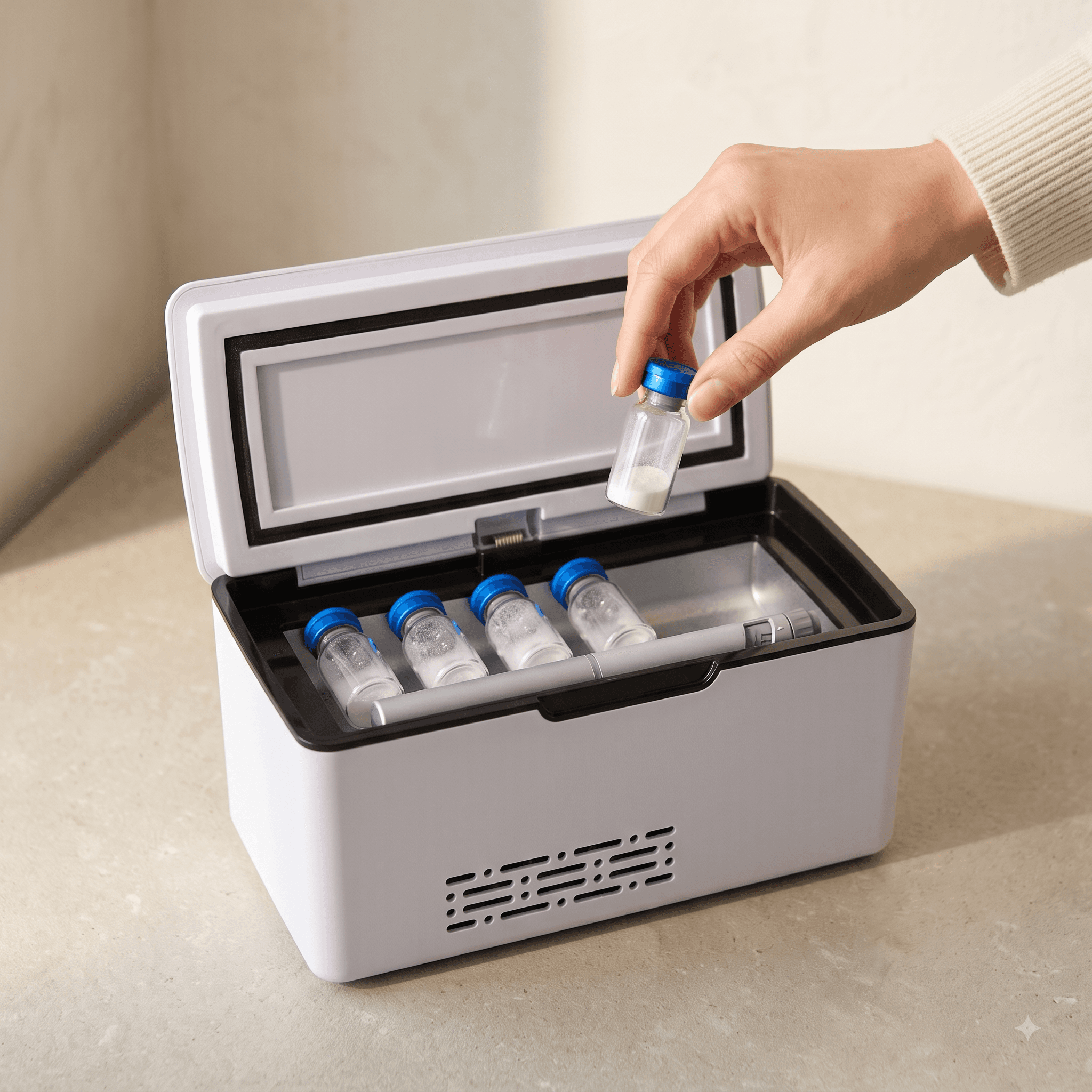 Polar Capsule portable cooler open with medical vials inside, hand placing a vial