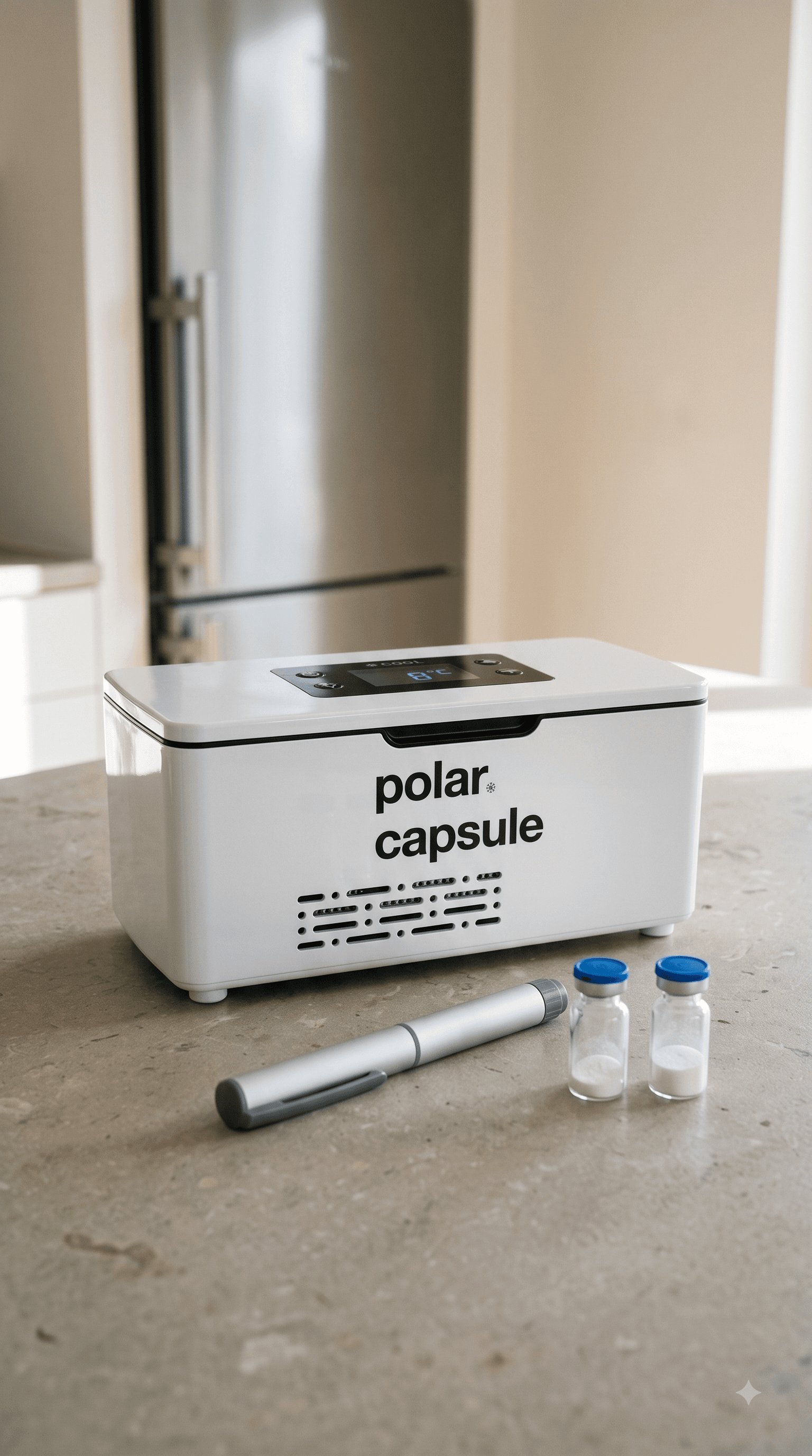 Polar Capsule portable cooler on a kitchen countertop, everyday use scene