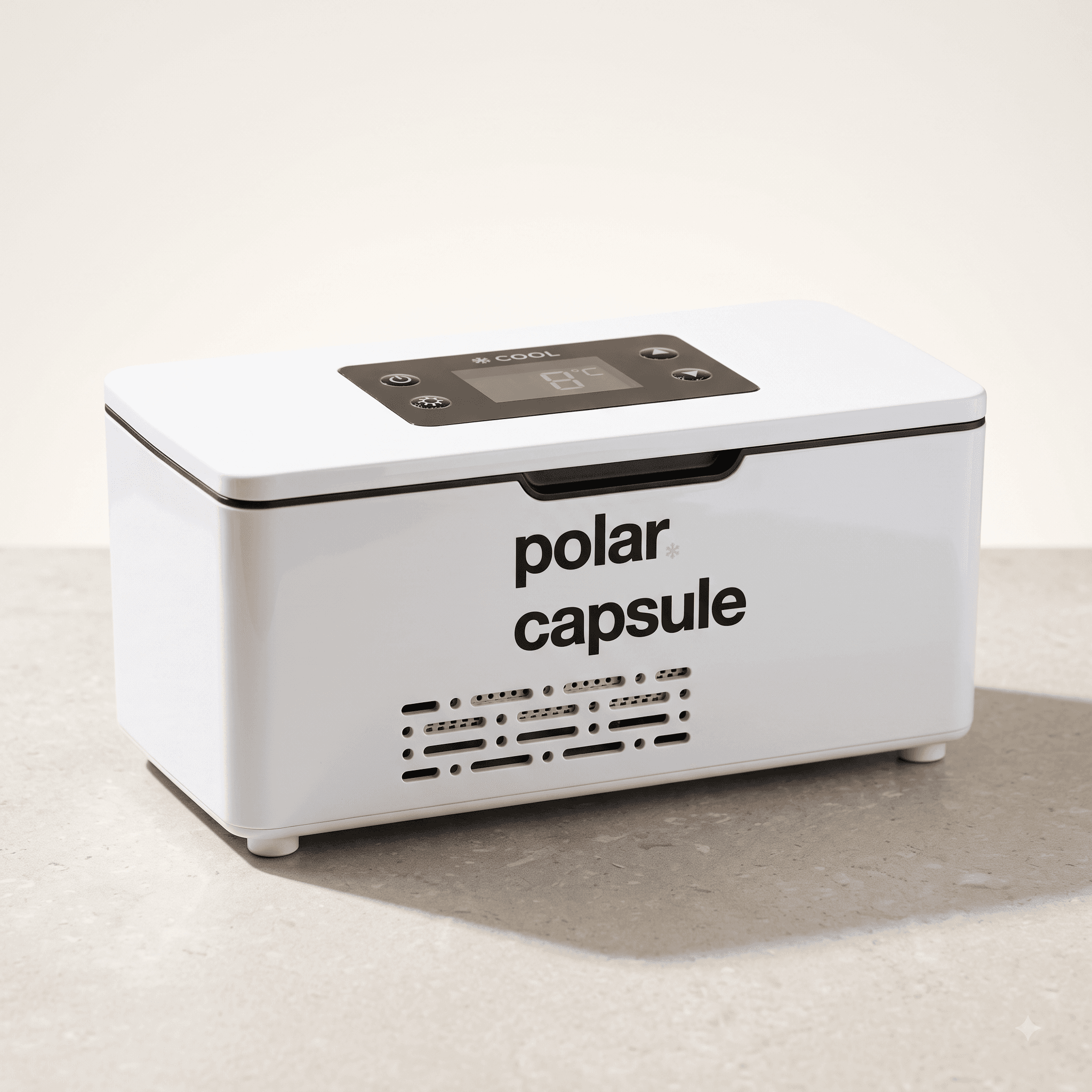 Polar Capsule portable cooler closed three-quarter front view studio shot